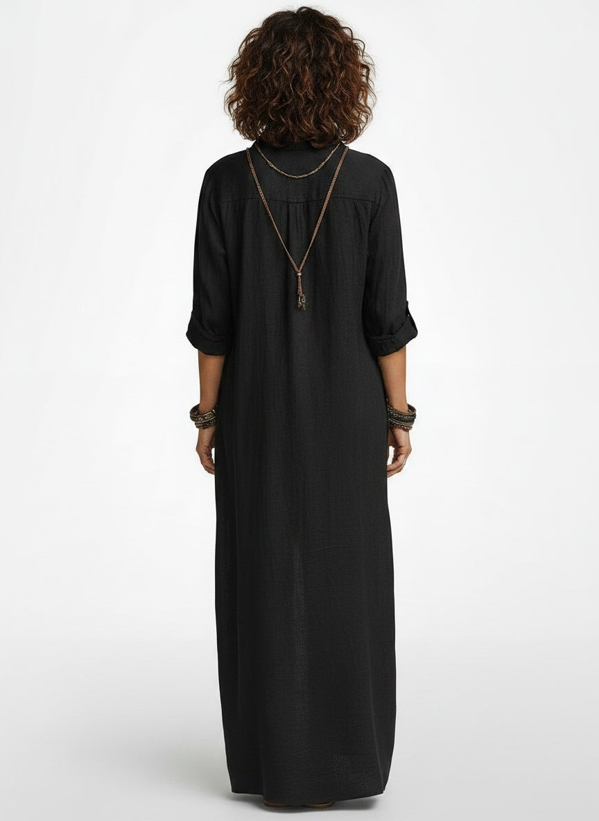 Back pose of the model wearing Linnen Look Maxi Blousejurk met Split