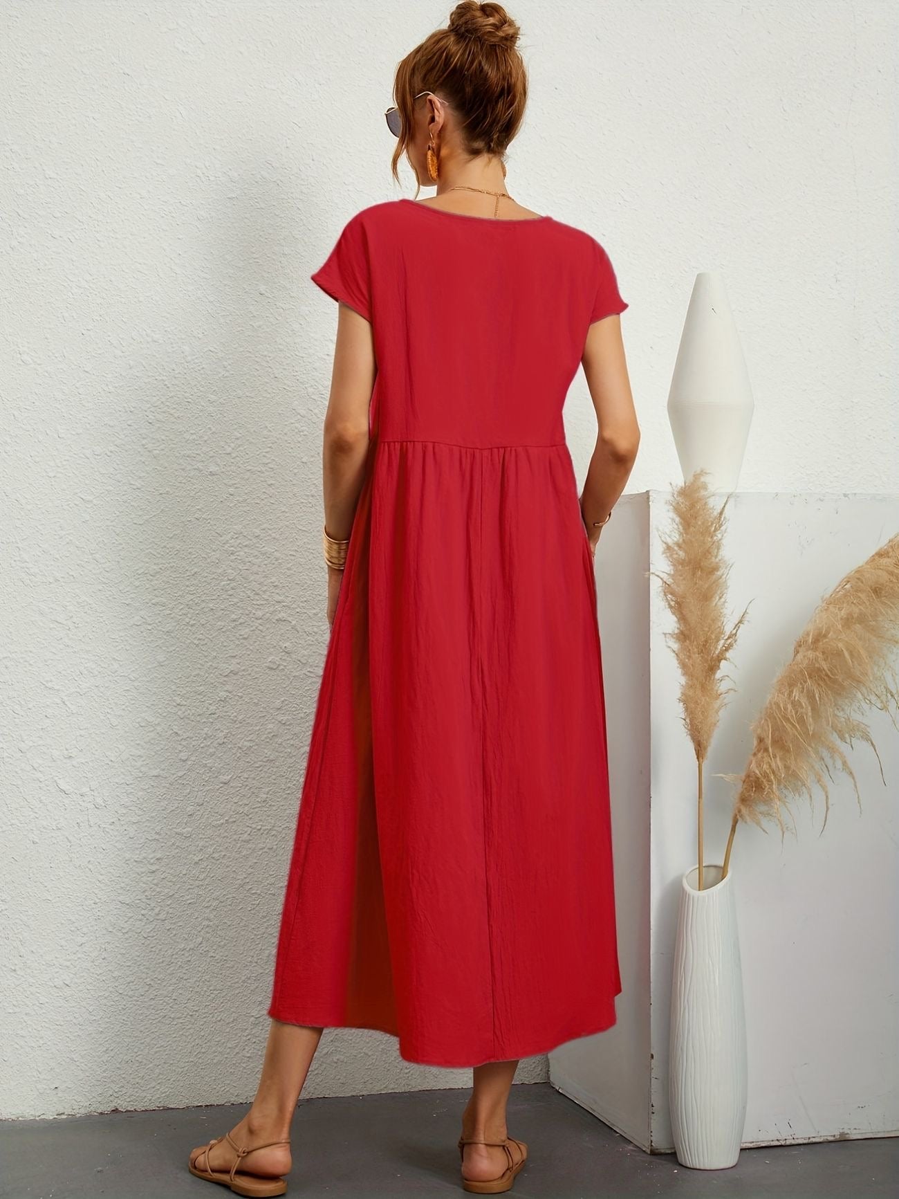Katoenen Maxi-jurk met Korte Mouwen en Zakken