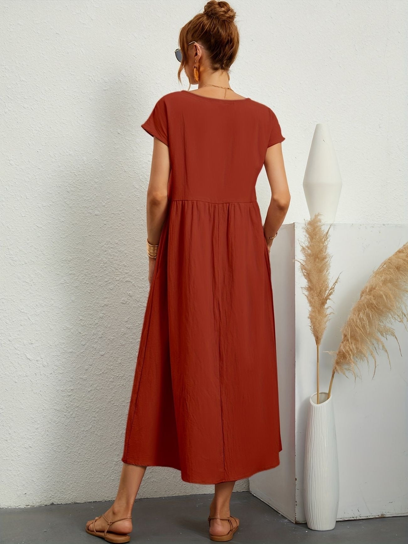 Katoenen Maxi-jurk met Korte Mouwen en Zakken