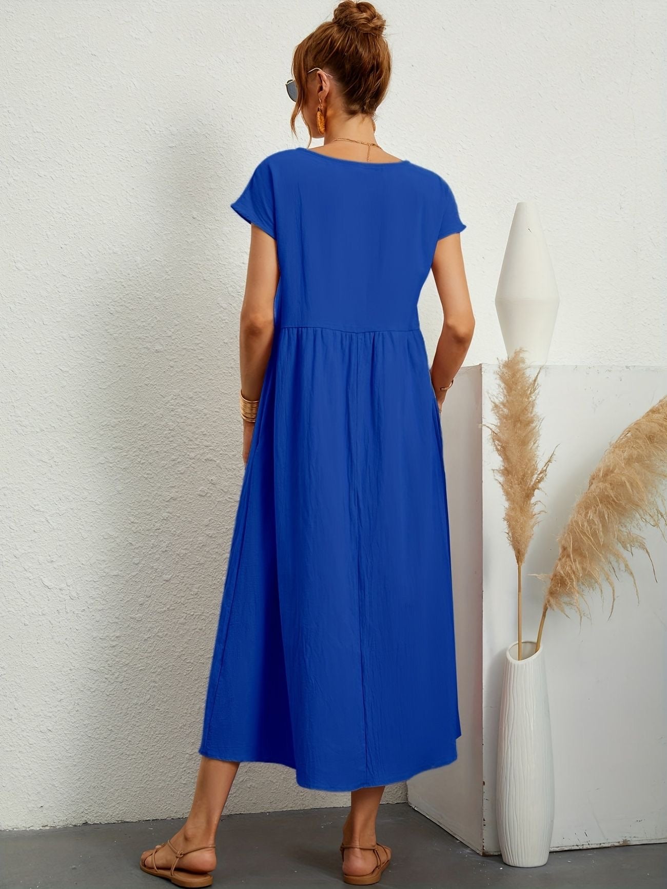 Katoenen Maxi-jurk met Korte Mouwen en Zakken