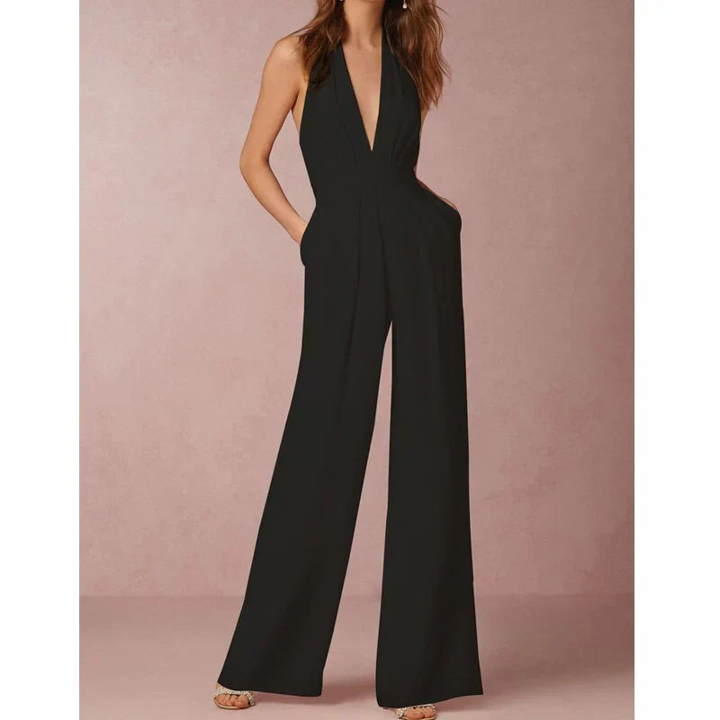 Halterjumpsuit met Diepe V-hals en Wijde Pijpen