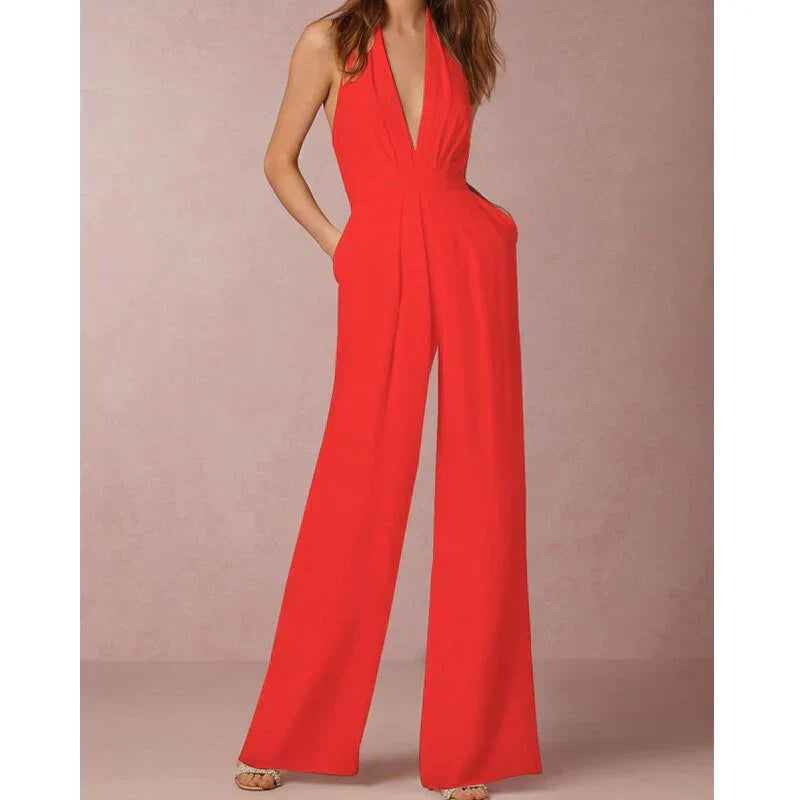 Halterjumpsuit met Diepe V-hals en Wijde Pijpen