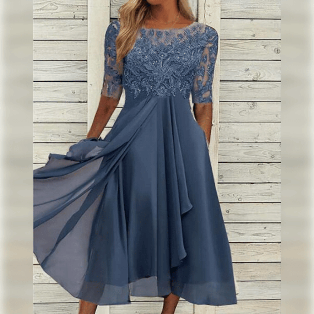 Kanten Midi-jurk met Chiffon Rok en Geborduurd Bloemmotief
