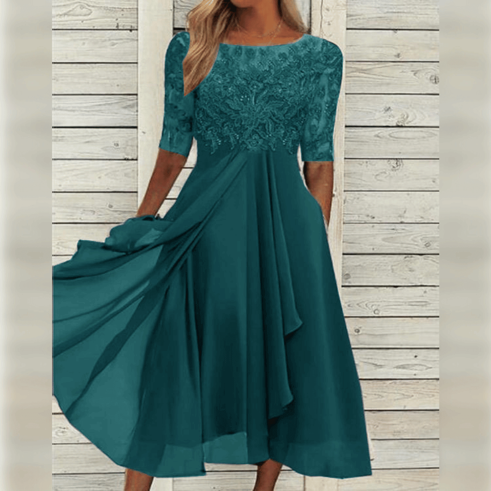 Kanten Midi-jurk met Chiffon Rok en Geborduurd Bloemmotief