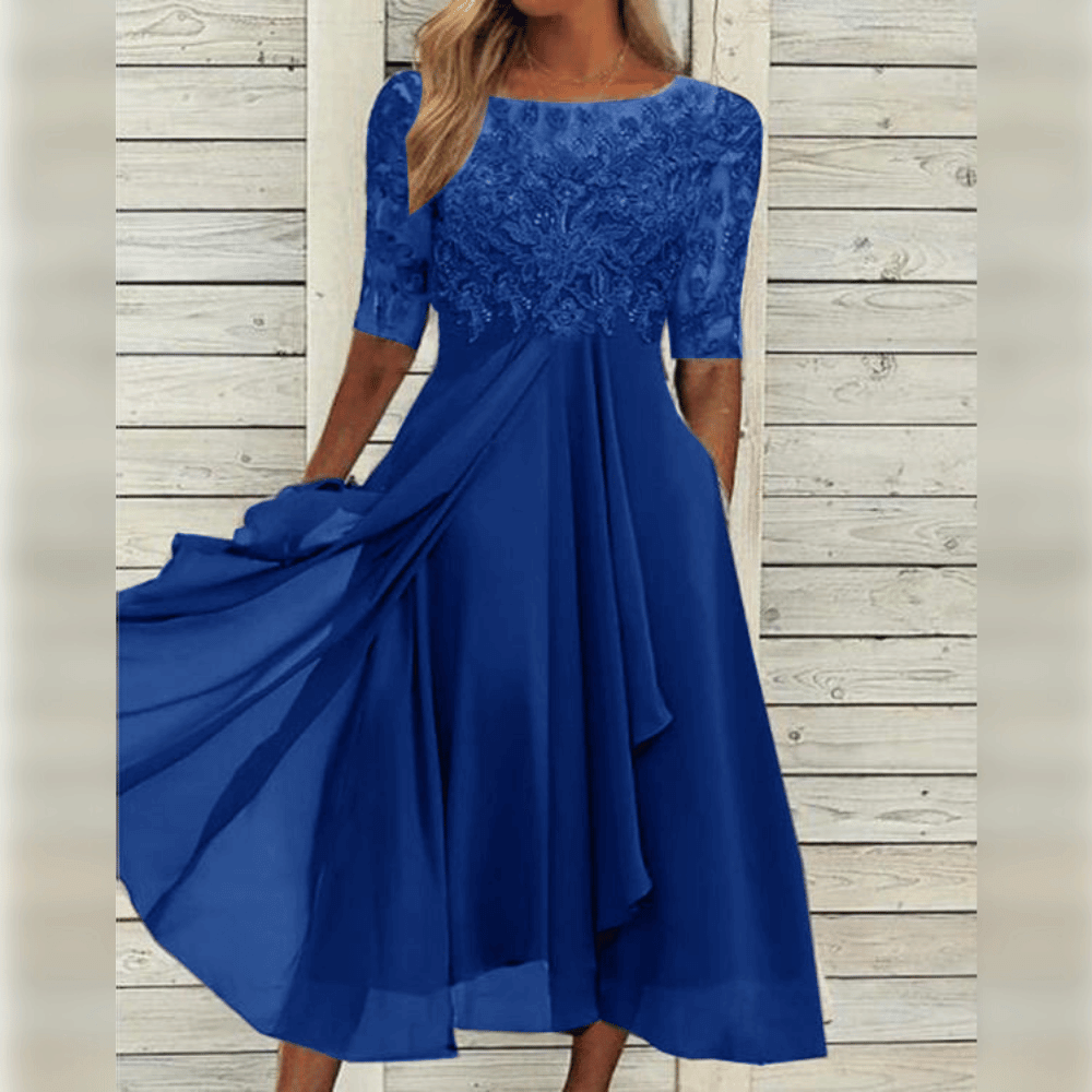 Kanten Midi-jurk met Chiffon Rok en Geborduurd Bloemmotief