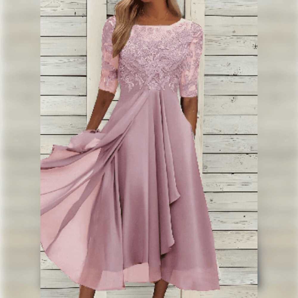 Kanten Midi-jurk met Chiffon Rok en Geborduurd Bloemmotief
