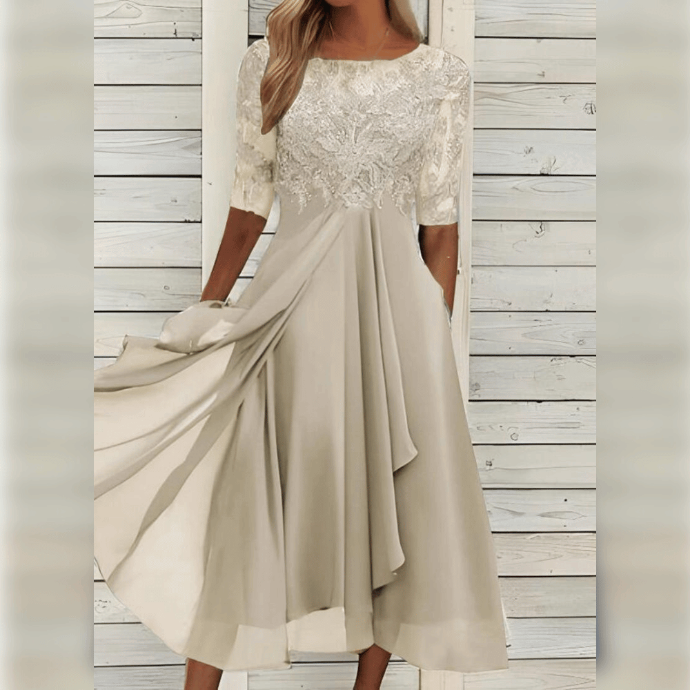 Kanten Midi-jurk met Chiffon Rok en Geborduurd Bloemmotief