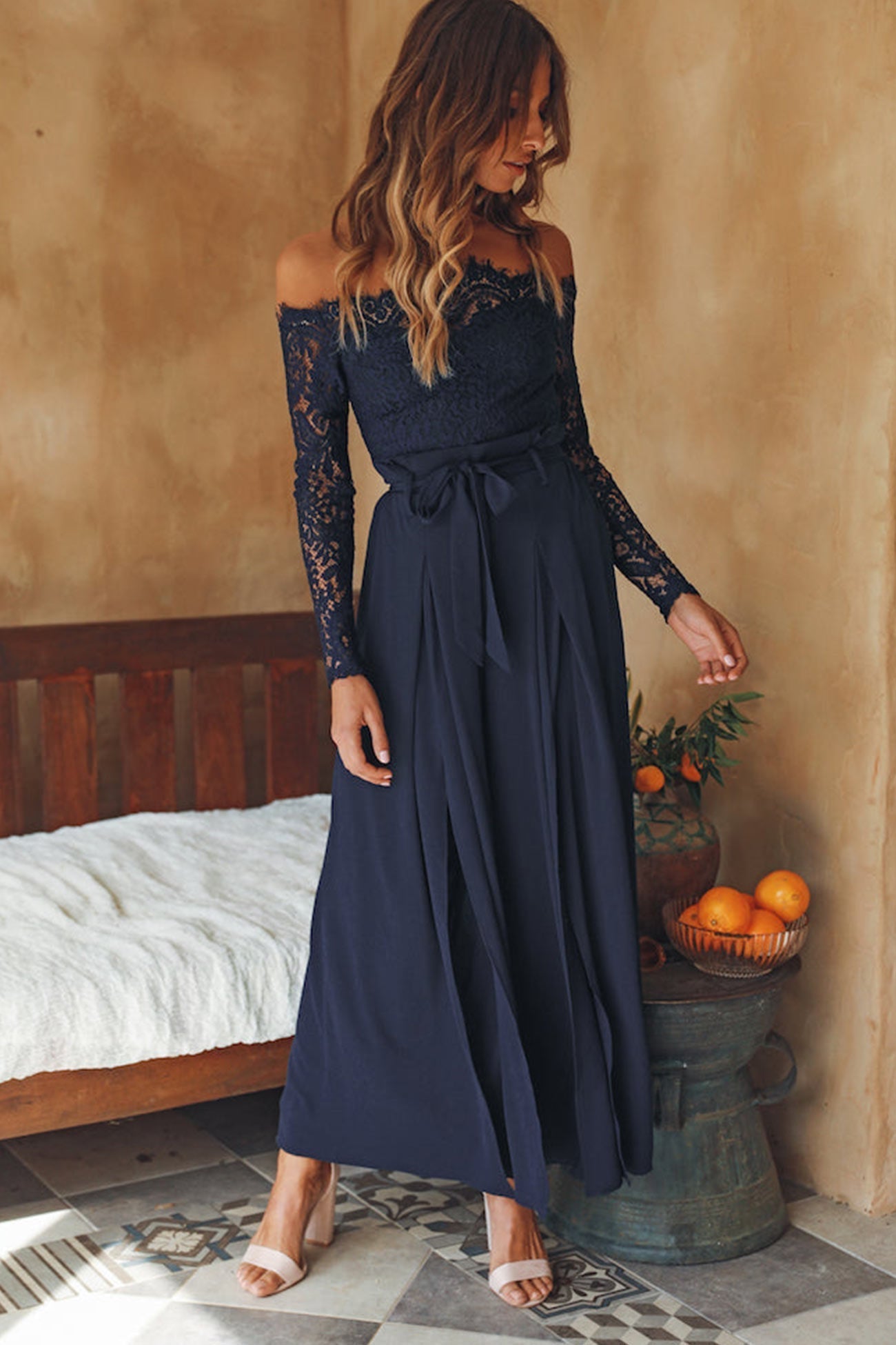 Kanten Jumpsuit met Blote Schouders en Split