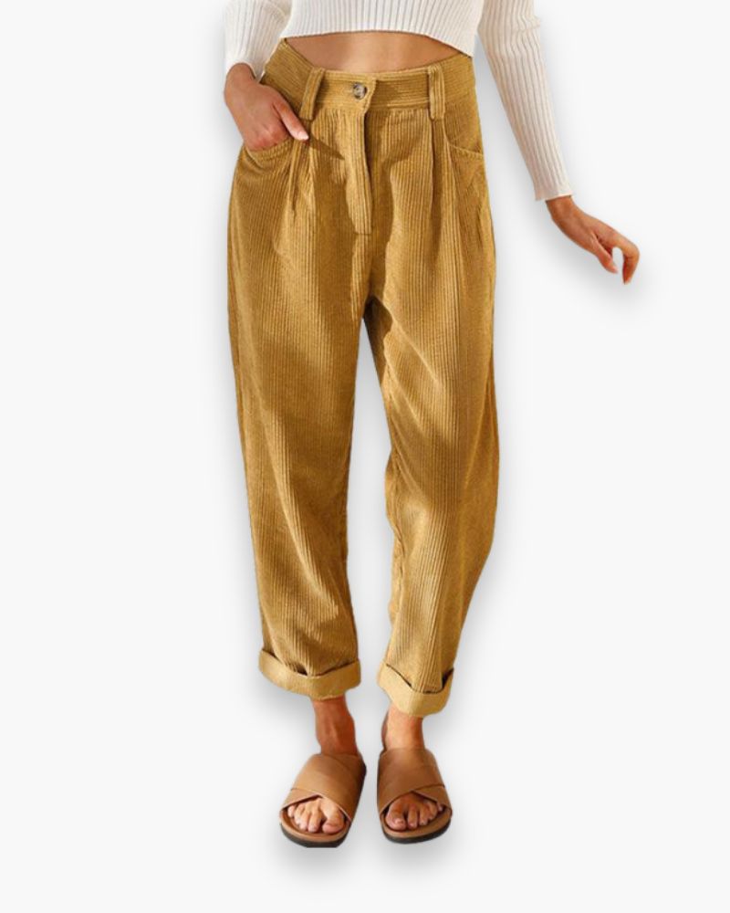 Ribfluwelen Broek met Hoge Taille en Omslag