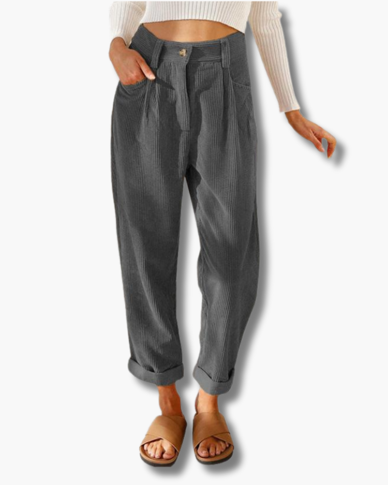 Ribfluwelen Broek met Hoge Taille en Omslag