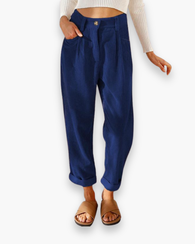 Ribfluwelen Broek met Hoge Taille en Omslag