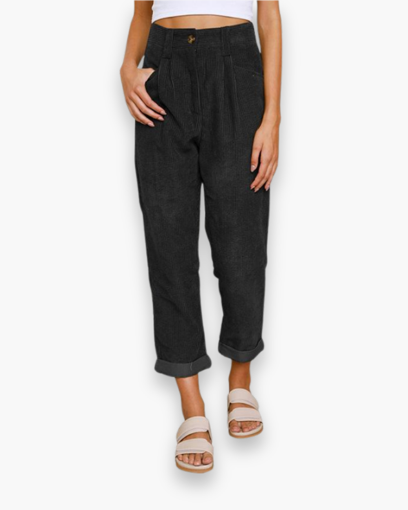 Ribfluwelen Broek met Hoge Taille en Omslag