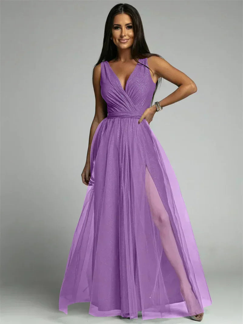 Glitter Maxi-jurk met V-hals en Beenopening