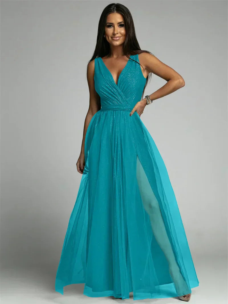 Glitter Maxi-jurk met V-hals en Beenopening