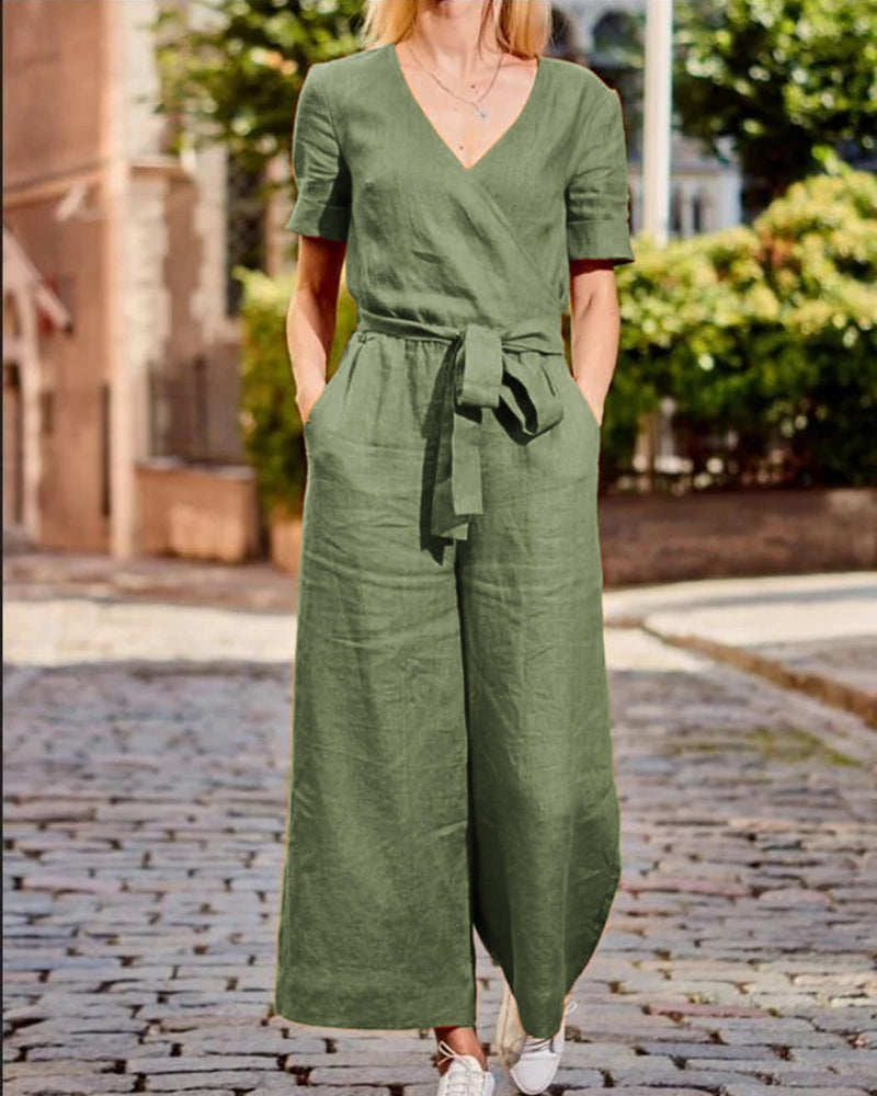 Linnen Jumpsuit met Ceintuur en Korte Mouwen