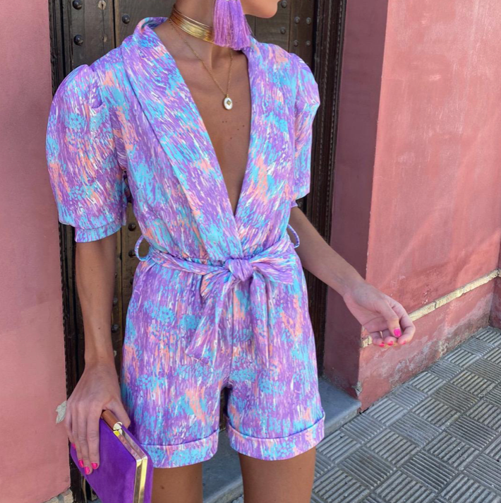 Playsuit met Abstracte Print en Pofmouwen