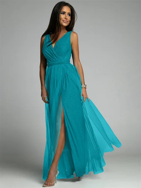 Glitter Maxi-jurk met V-hals en Beenopening