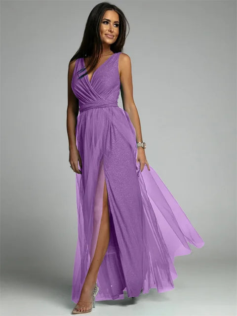 Glitter Maxi-jurk met V-hals en Beenopening