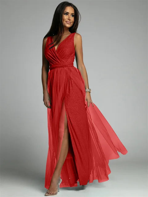 Glitter Maxi-jurk met V-hals en Beenopening