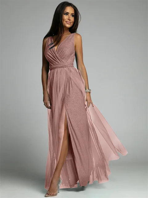 Glitter Maxi-jurk met V-hals en Beenopening