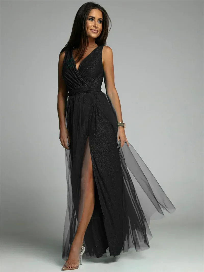 Glitter Maxi-jurk met V-hals en Beenopening