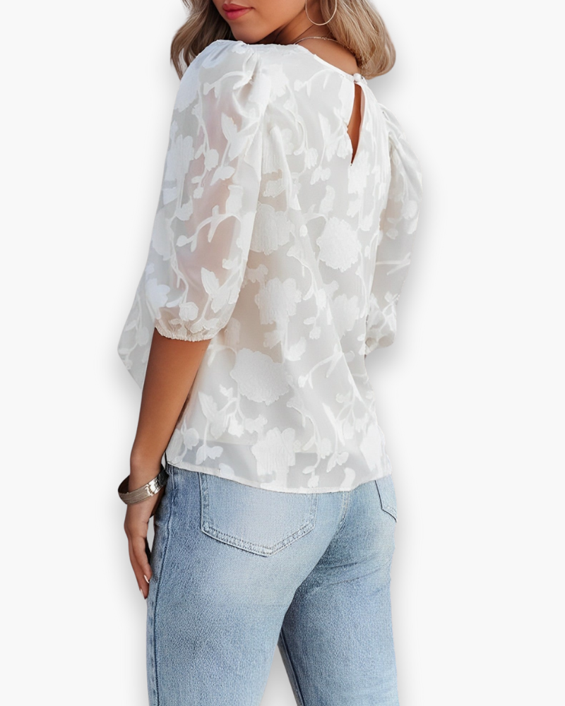 Jacquard Blouse met Bloemenprint en Pofmouwen