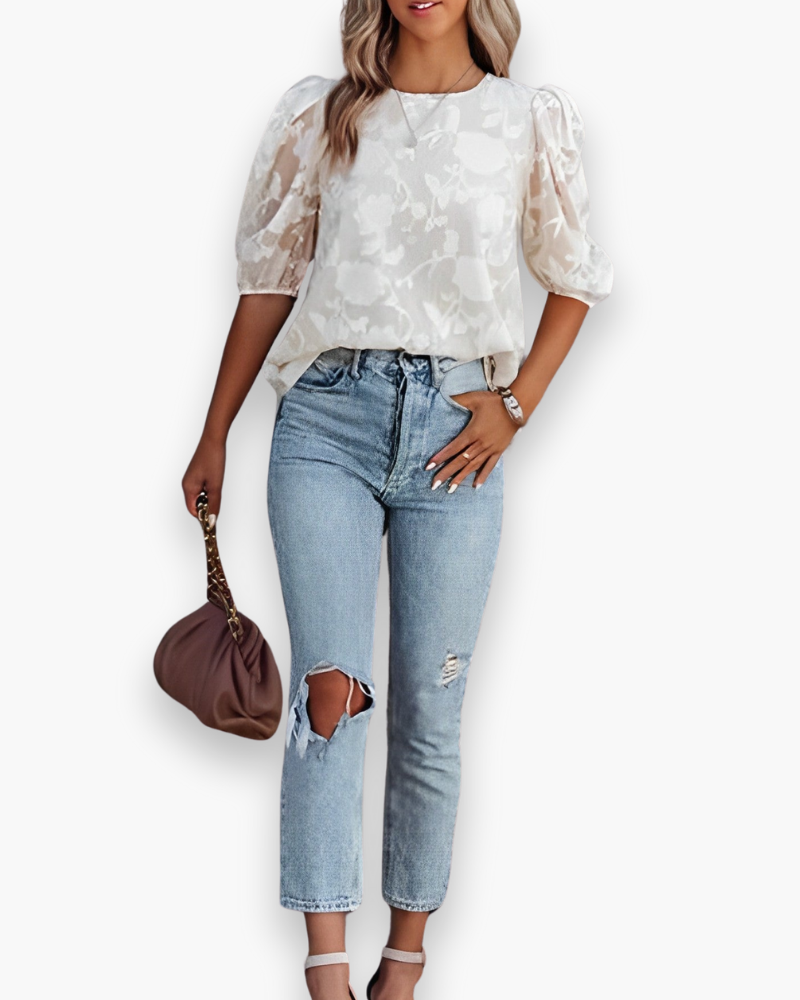 Jacquard Blouse met Bloemenprint en Pofmouwen
