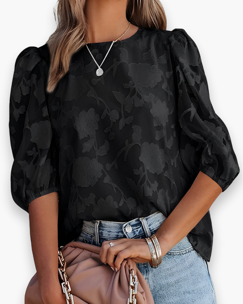 Jacquard Blouse met Bloemenprint en Pofmouwen