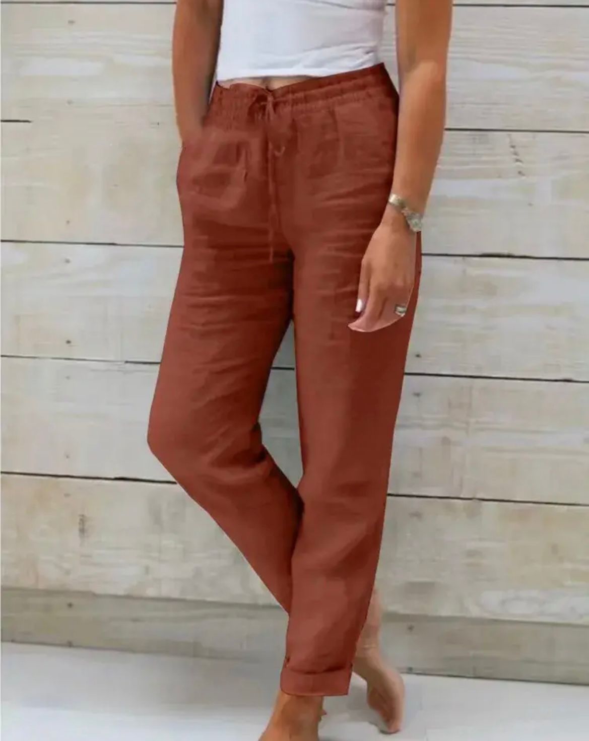 Linnen Pantalon met Elastische Taille en Steekzakken