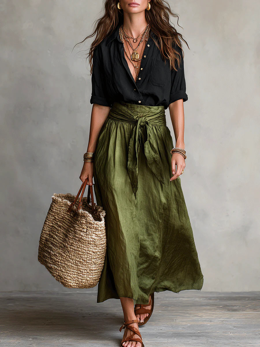 Linnen Look Rok met Blouse Tweedelige Set