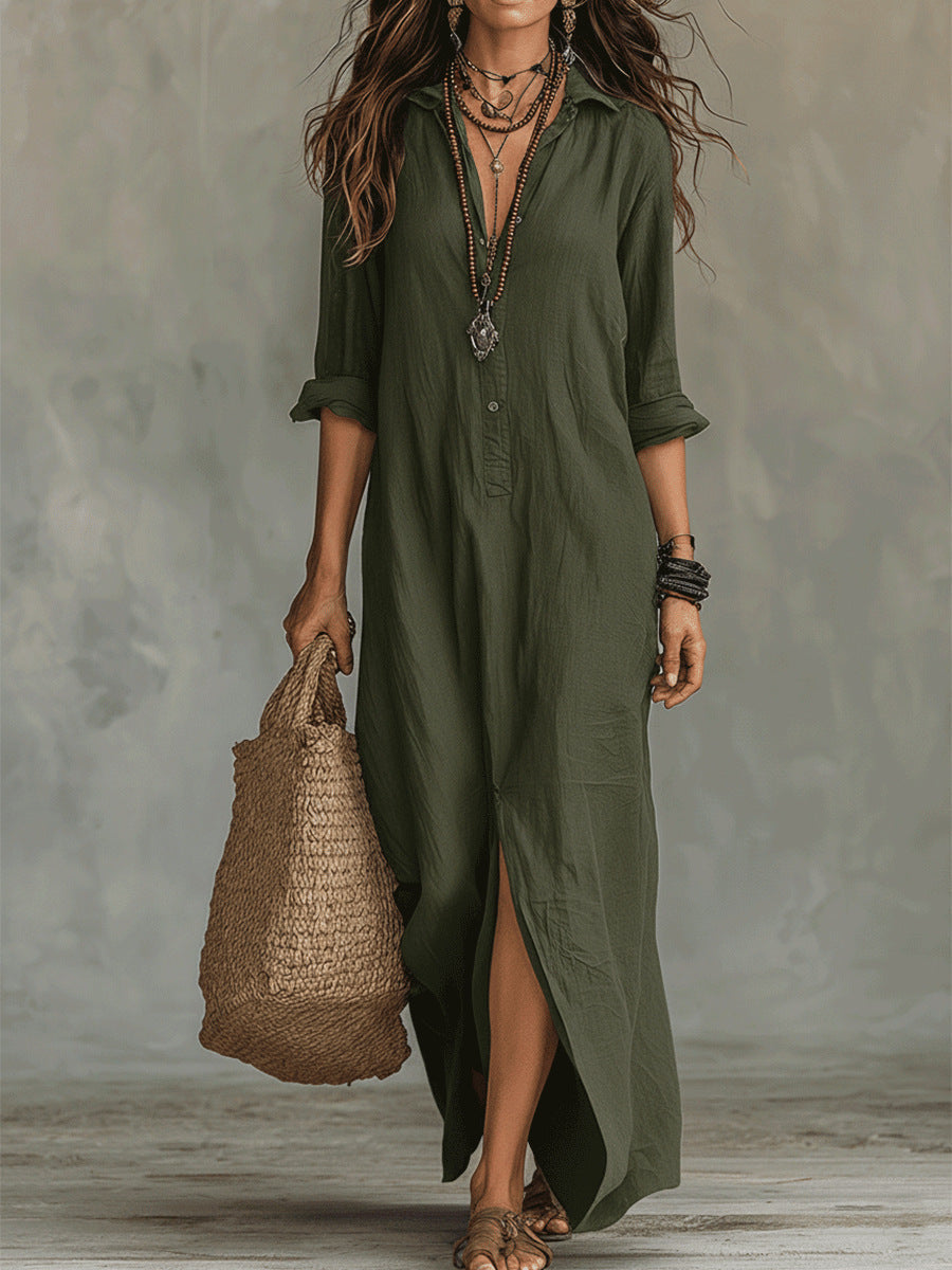 Linnen Look Maxi Blousejurk met Split