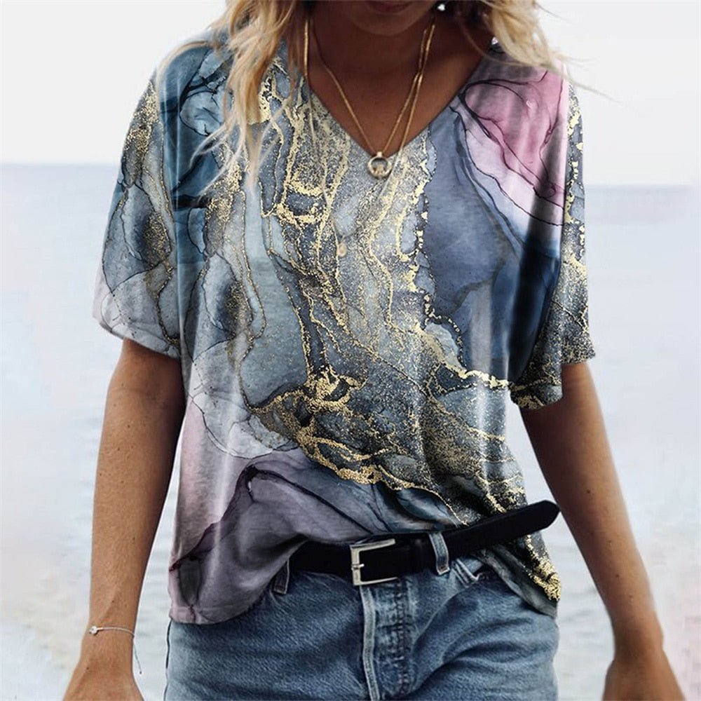 Marmerprint T-shirt met Folie Details