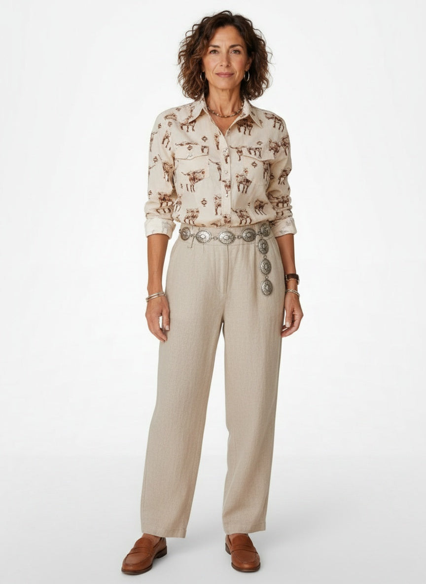 Full body view of the model wearing Western Blouse met Longhorn Print