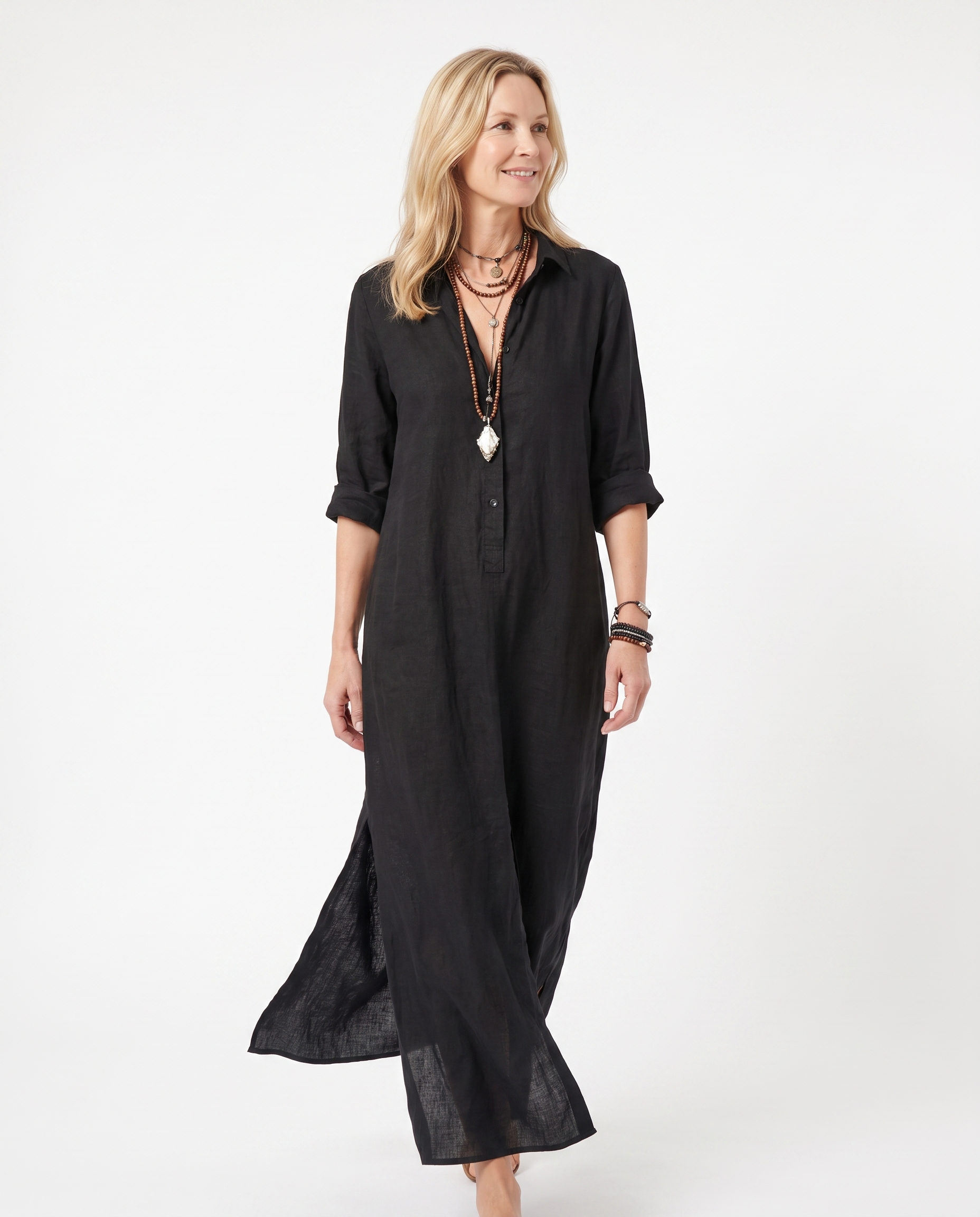 Linnen Look Maxi Blousejurk met Split