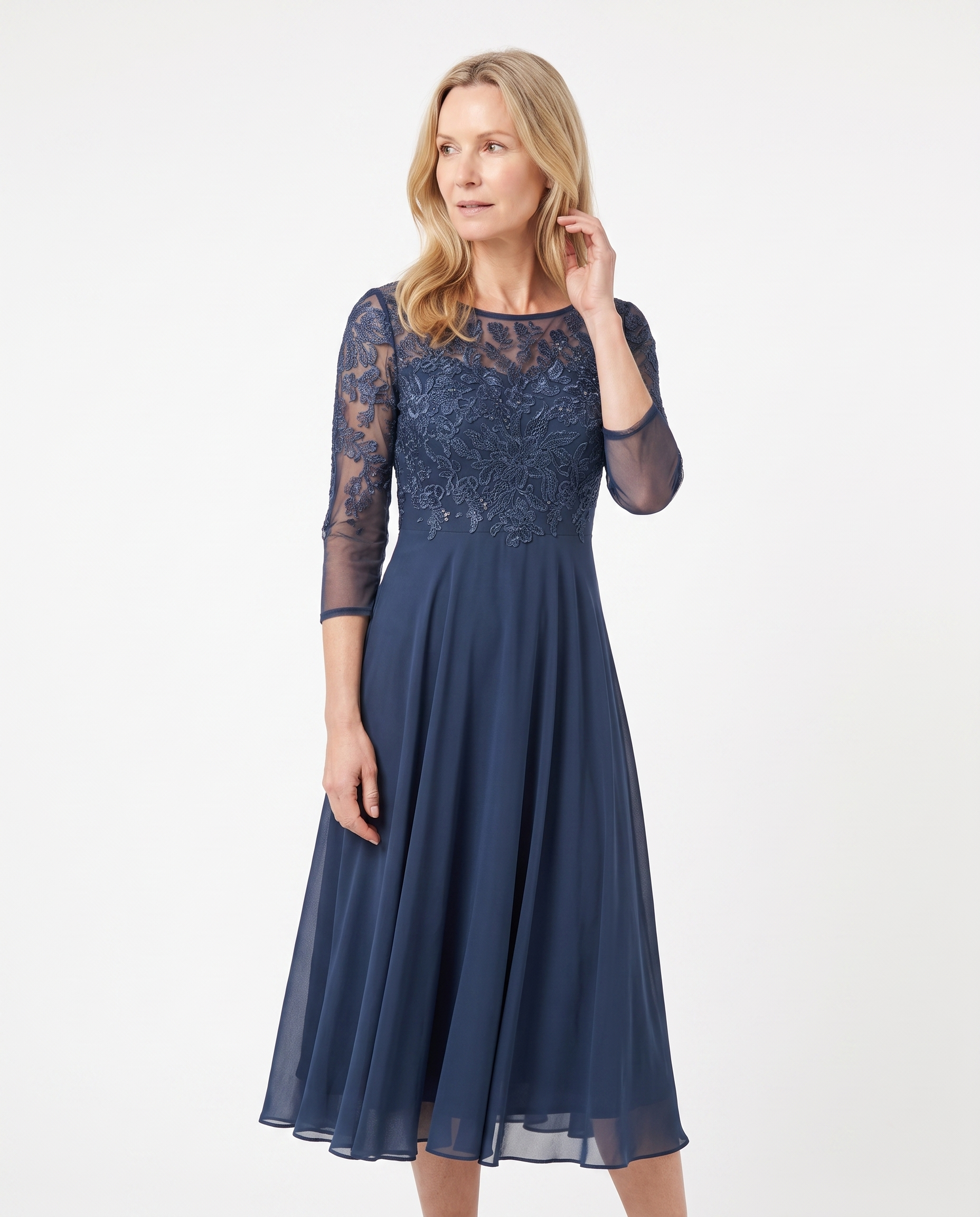 Kanten Midi-jurk met Chiffon Rok en Geborduurd Bloemmotief