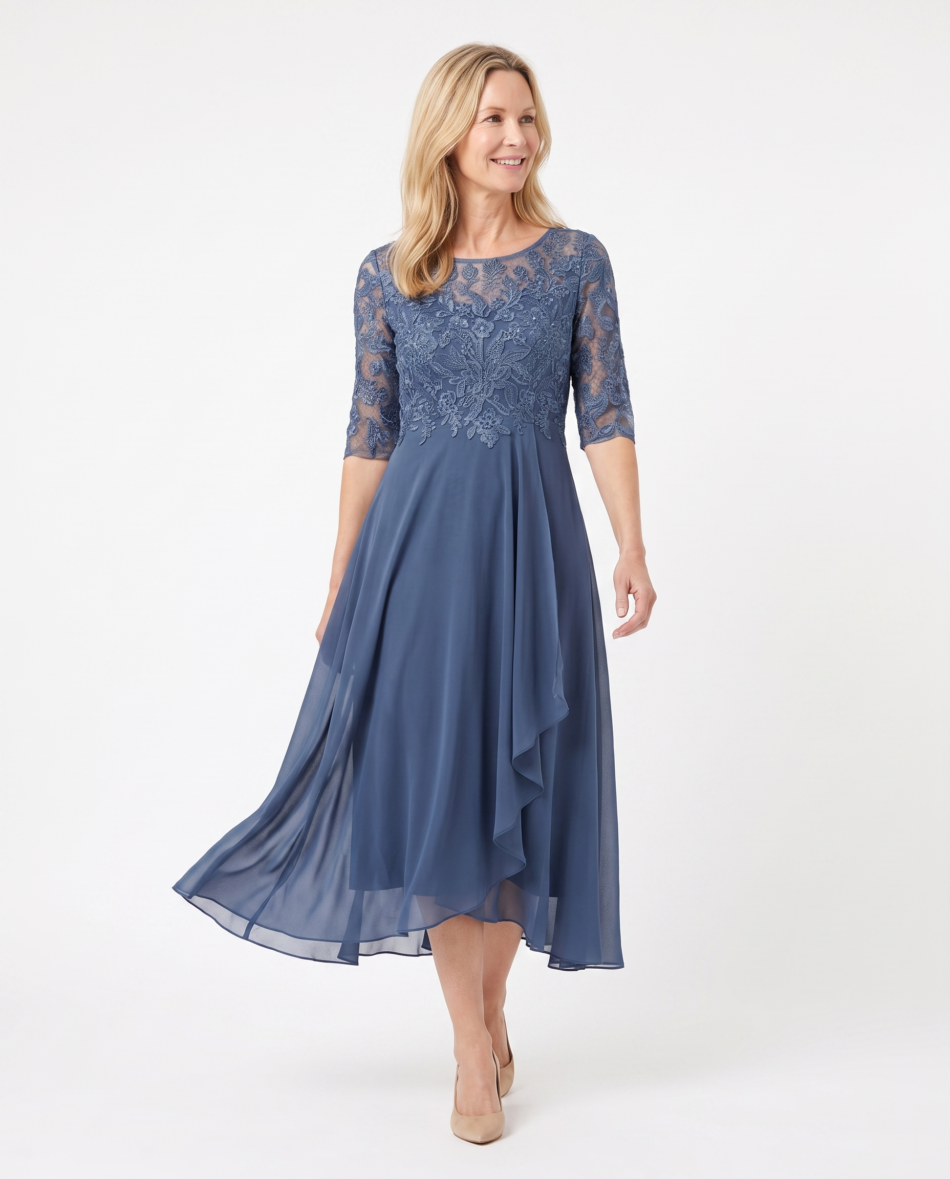Kanten Midi-jurk met Chiffon Rok en Geborduurd Bloemmotief