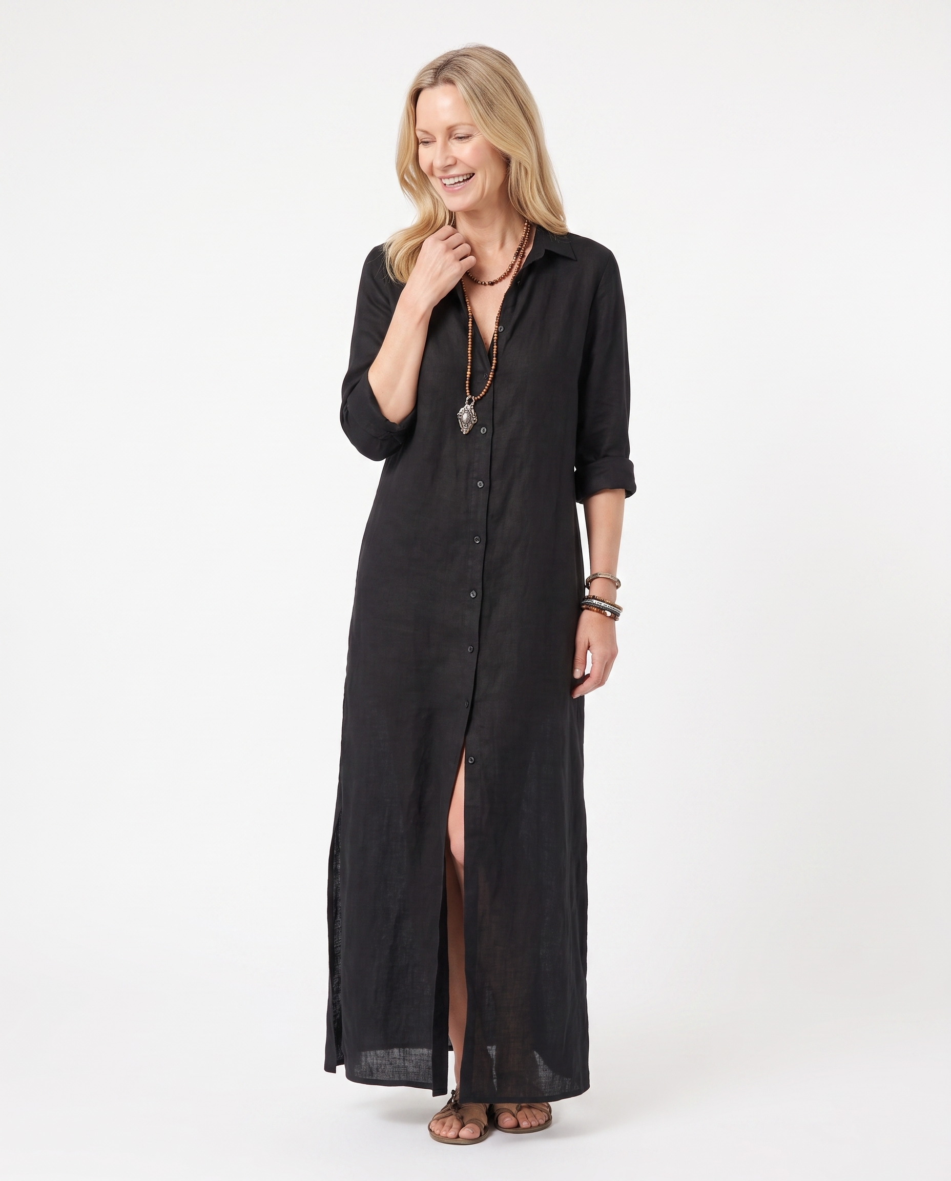Linnen Look Maxi Blousejurk met Split