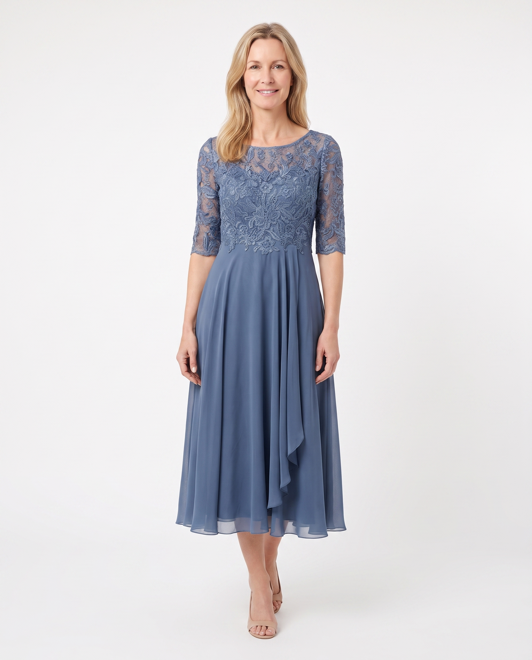 Kanten Midi-jurk met Chiffon Rok en Geborduurd Bloemmotief