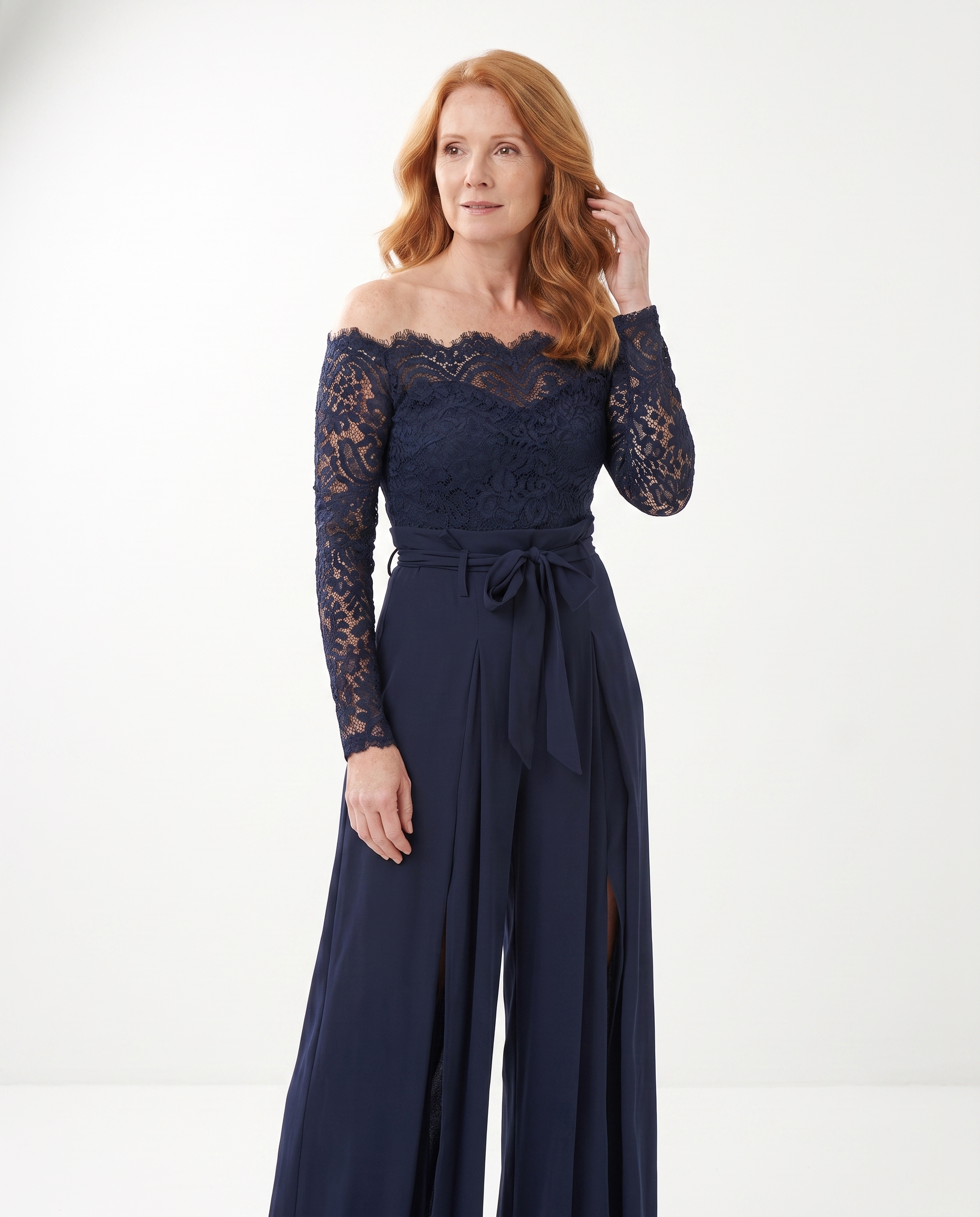 Kanten Jumpsuit met Blote Schouders en Split