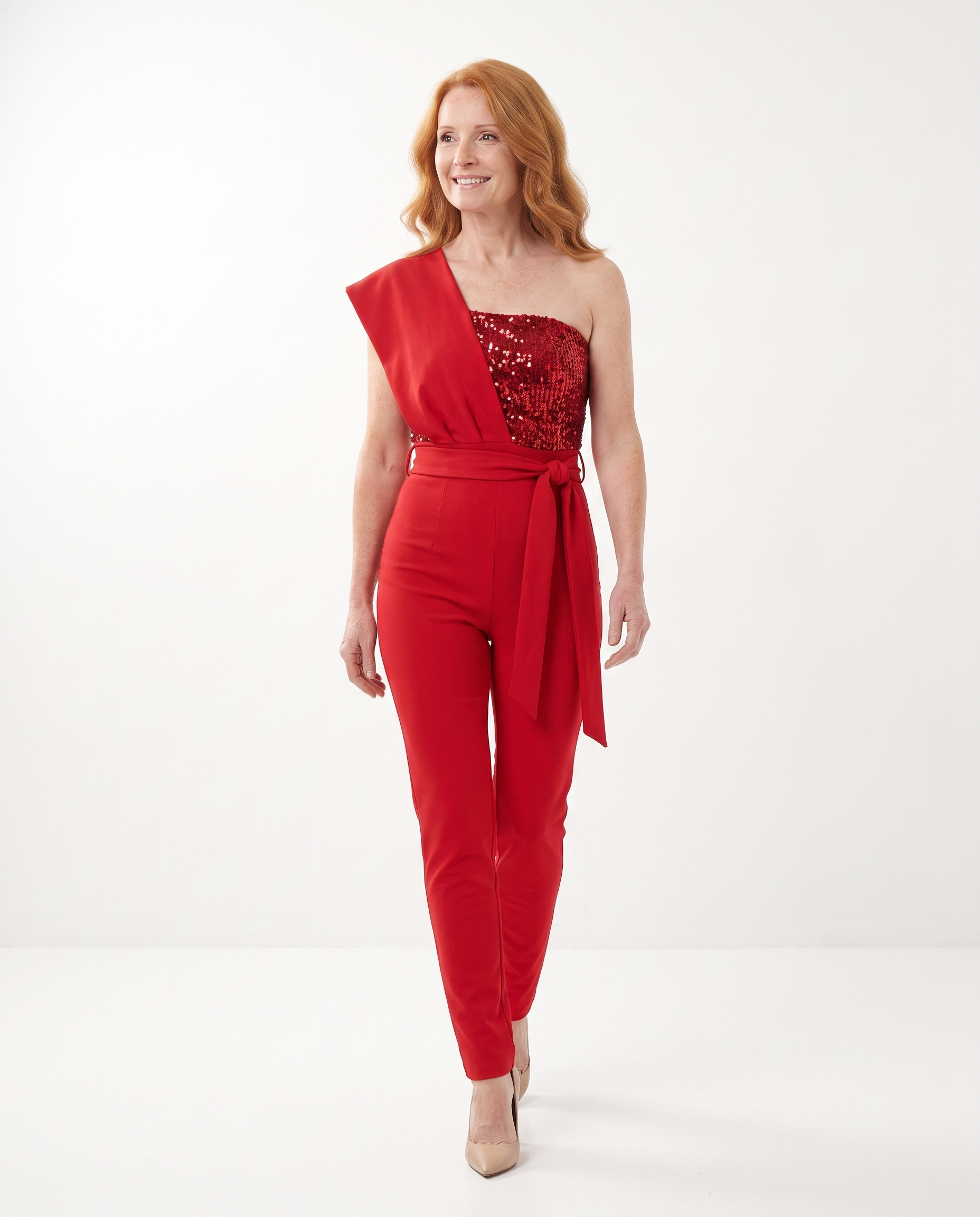 Pailletten Jumpsuit met Tailleband en Asymmetrische Schouder