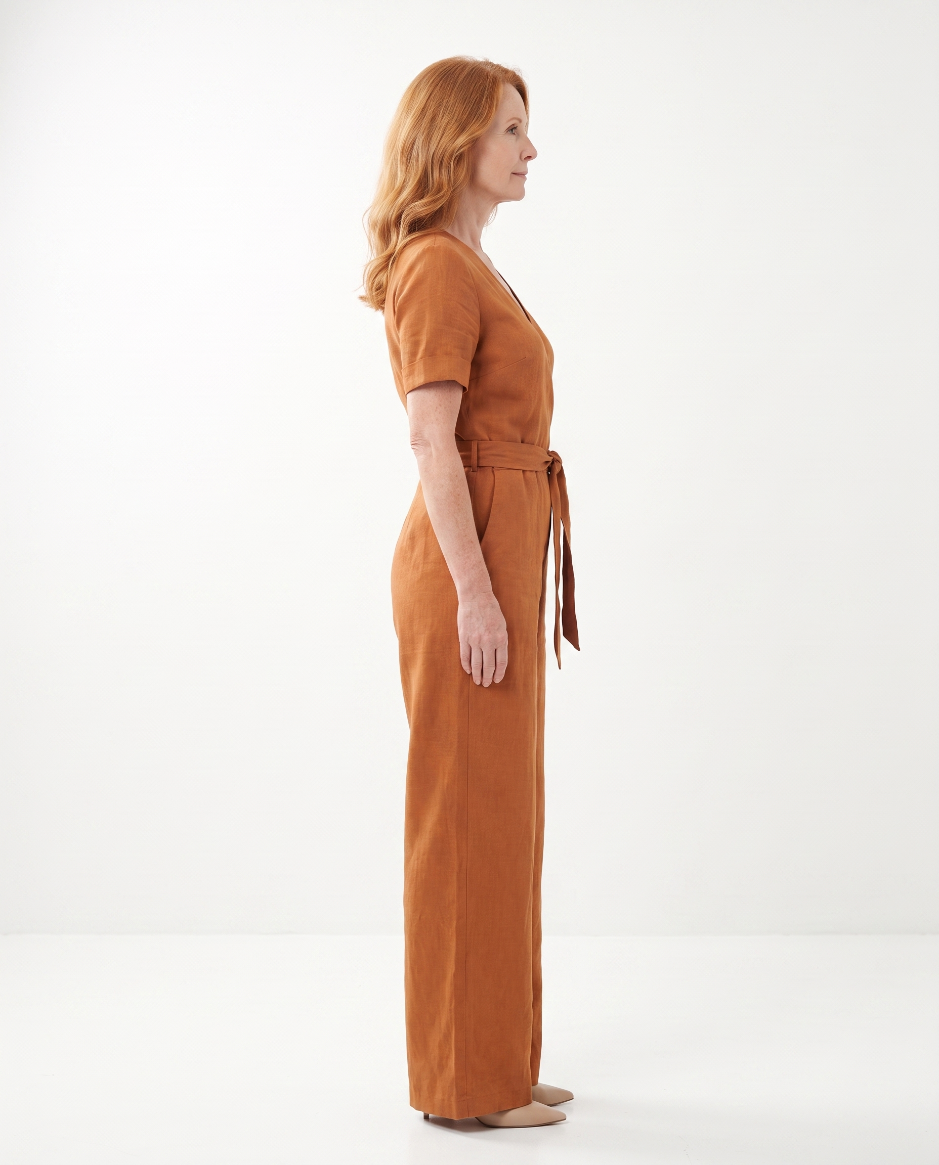 Linnen Jumpsuit met Ceintuur en Korte Mouwen
