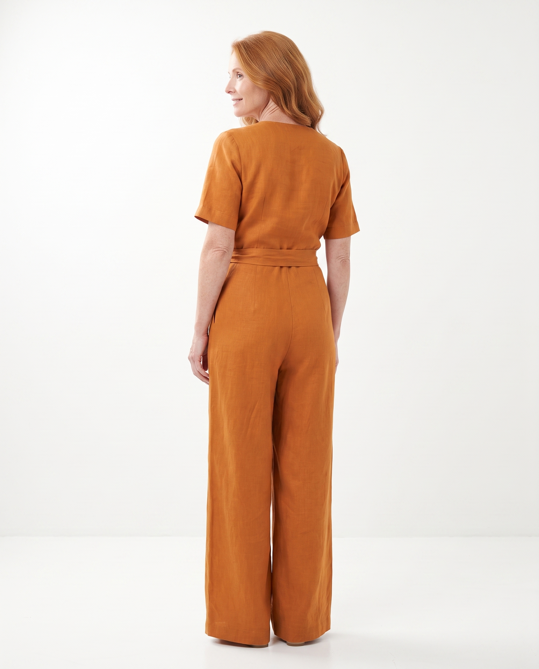 Linnen Jumpsuit met Ceintuur en Korte Mouwen