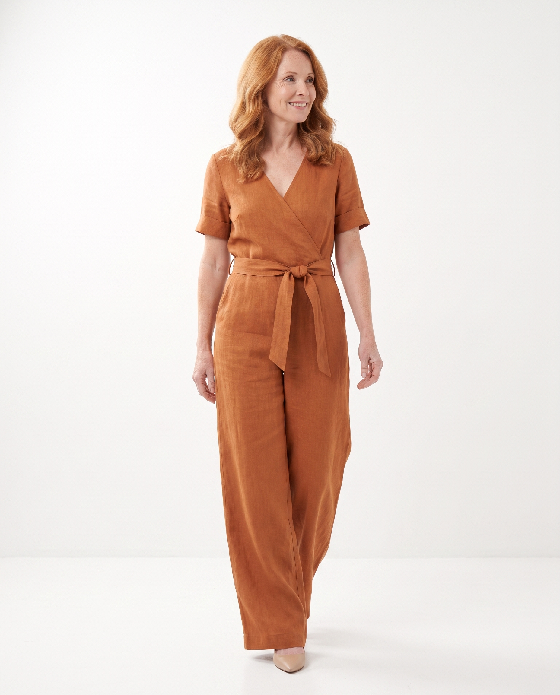 Linnen Jumpsuit met Ceintuur en Korte Mouwen