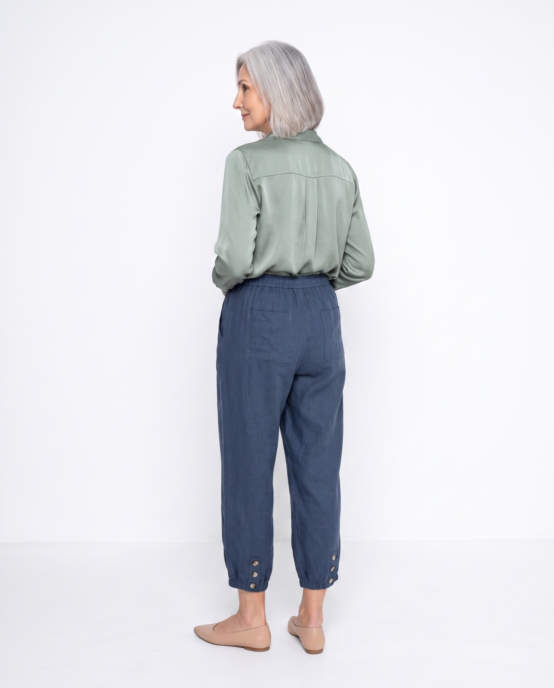 Linnen Broek met Elastische Taille en Knoopdetail