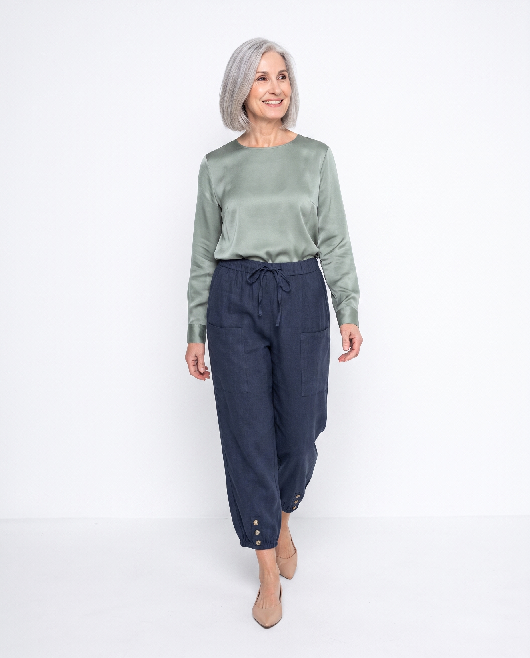 Linnen Broek met Elastische Taille en Knoopdetail