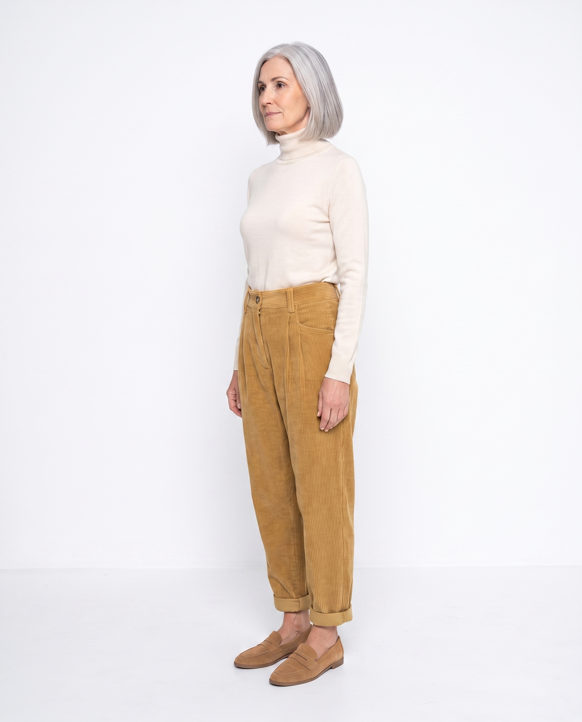 Ribfluwelen Broek met Hoge Taille en Omslag