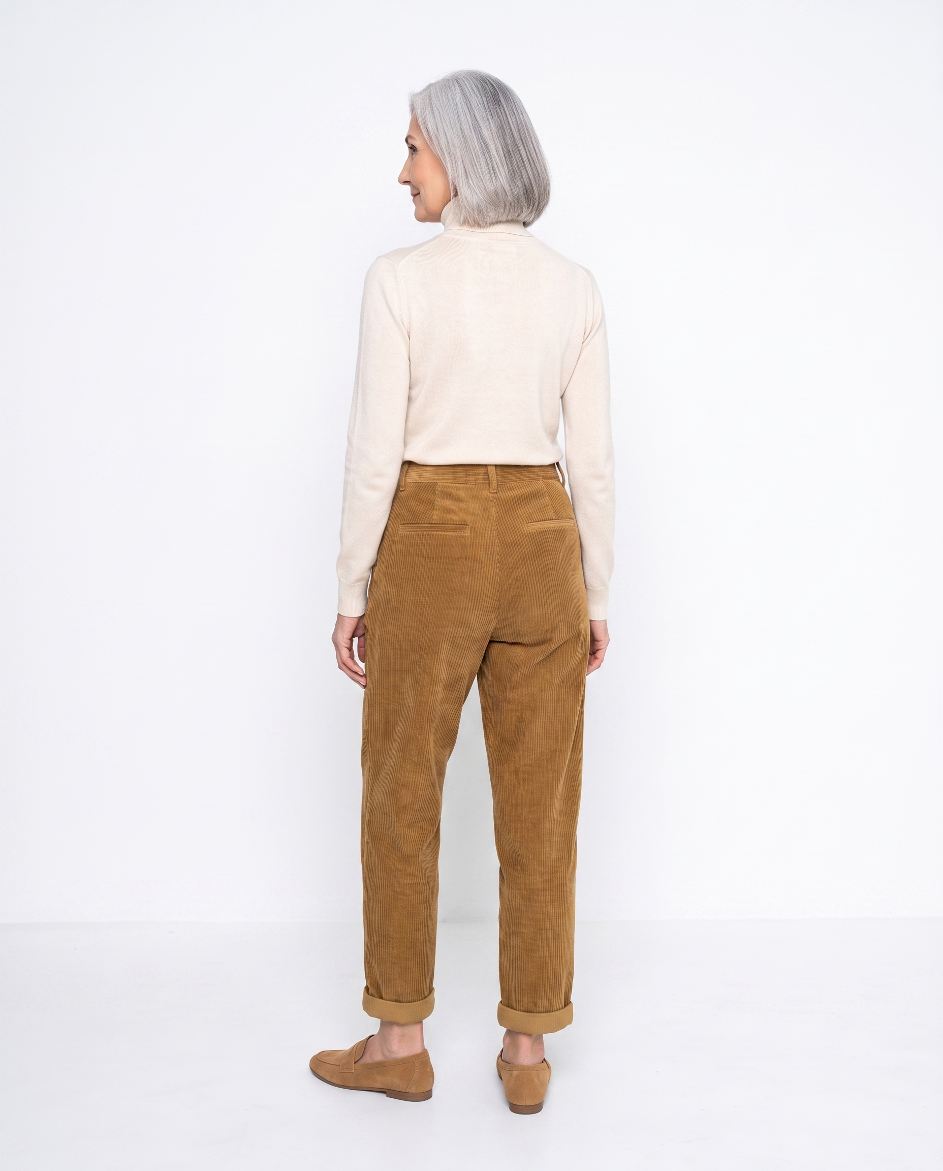 Ribfluwelen Broek met Hoge Taille en Omslag