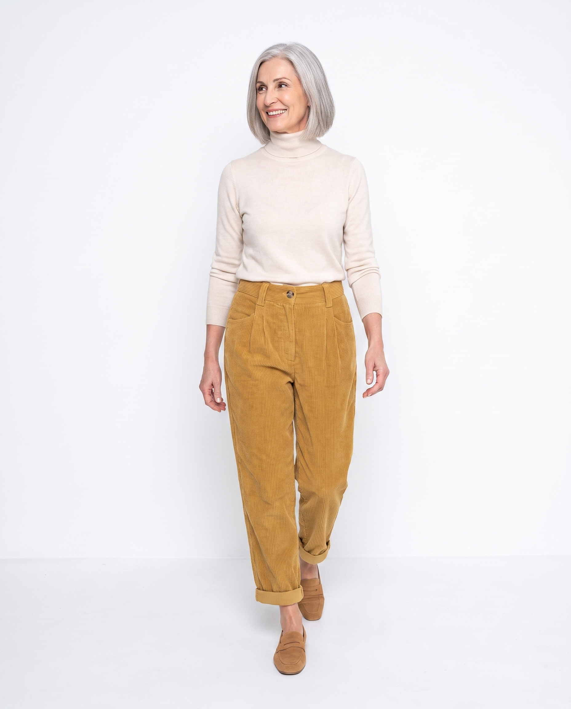 Ribfluwelen Broek met Hoge Taille en Omslag