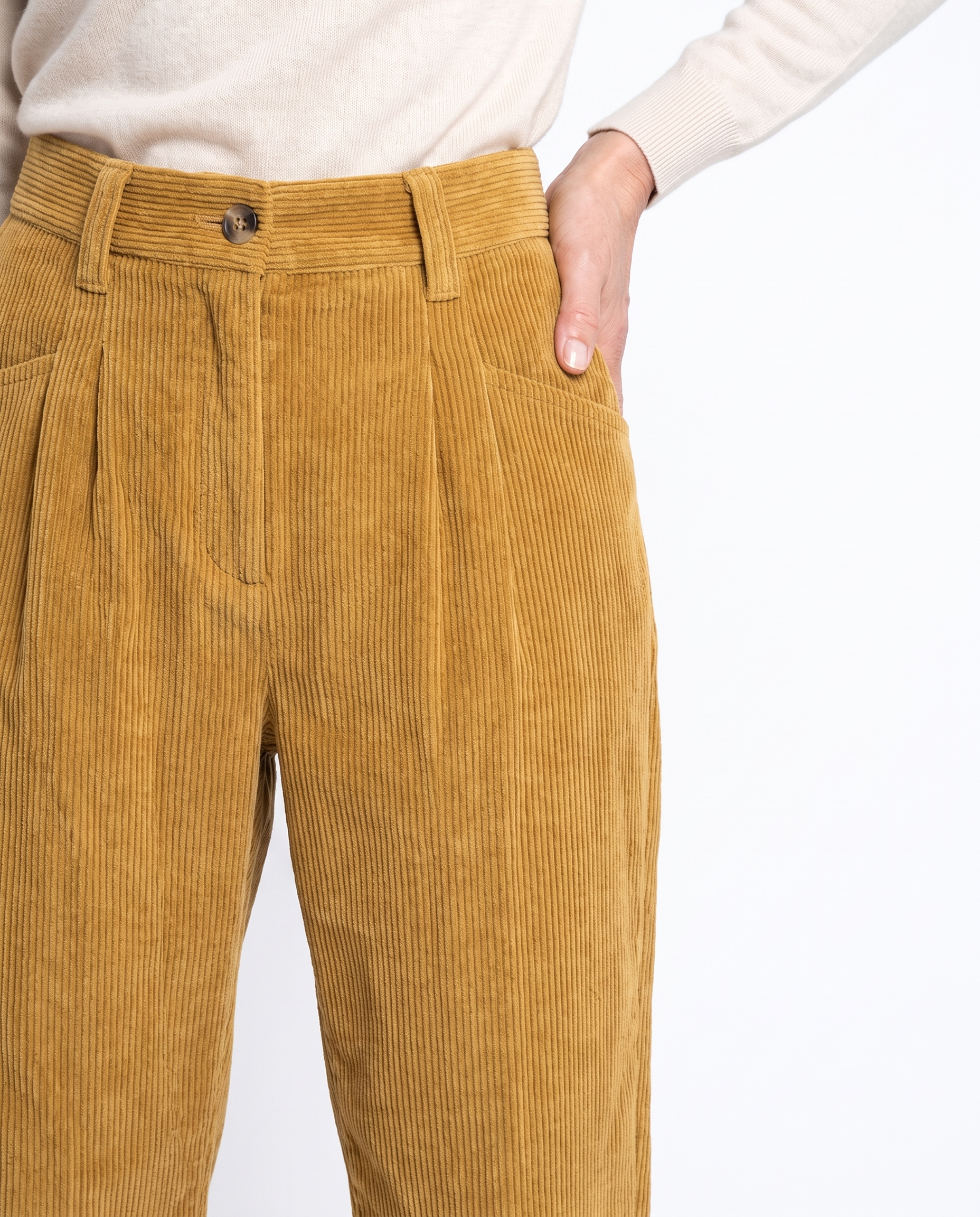 Ribfluwelen Broek met Hoge Taille en Omslag