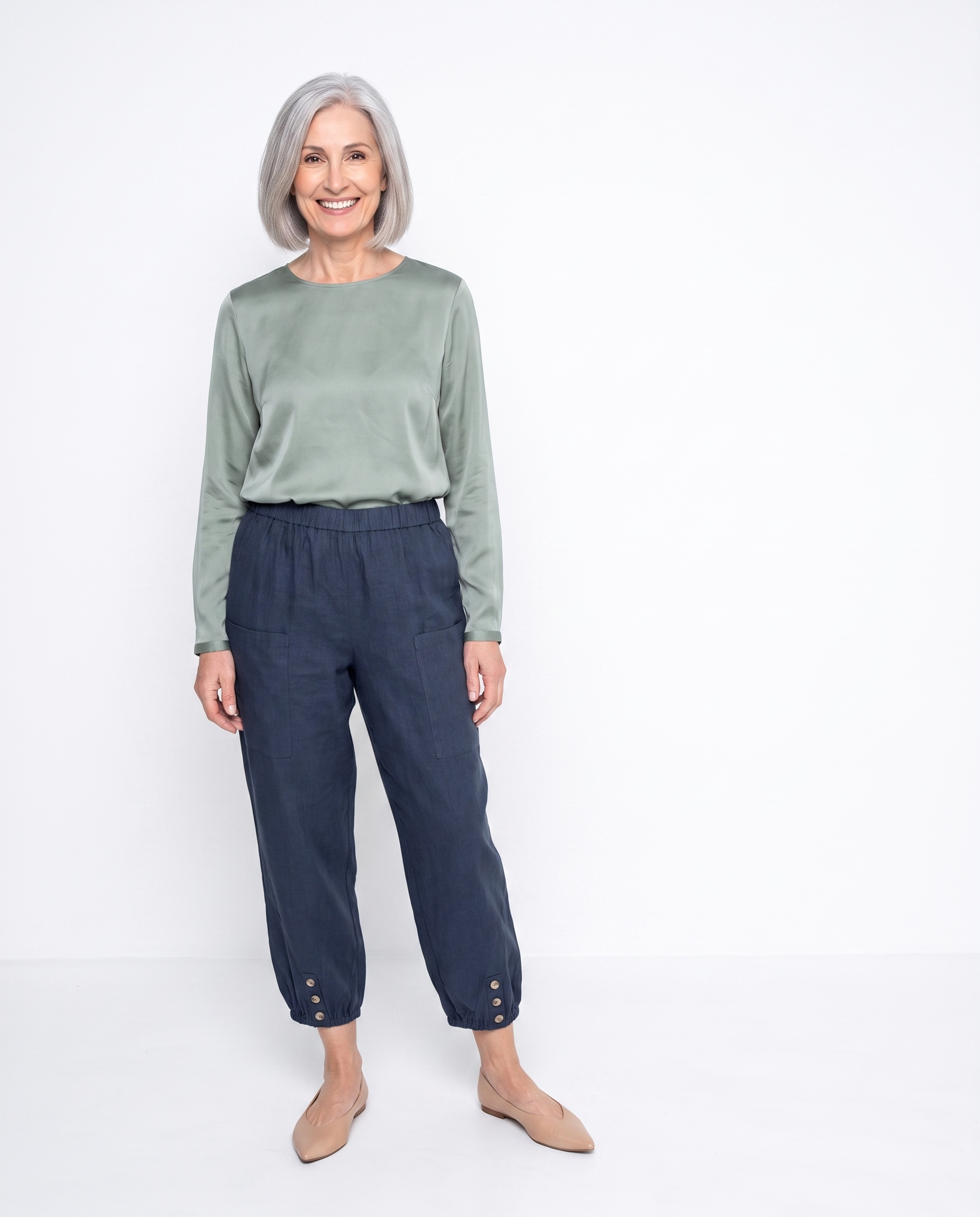 Linnen Broek met Elastische Taille en Knoopdetail
